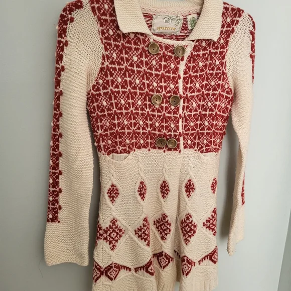Anthropologie Sparrow Lantern Mile Sweater Long Cardigan Patteren Rare Red Small - Picture 3 of 13